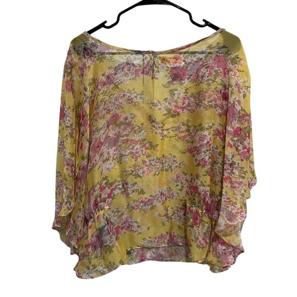 Orange Floral Chiffon Sheer Blouse Lace Trim Lightweight Top Size OS Bohemian - Picture 2 of 10